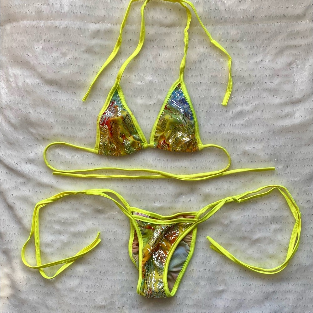 Neon Yellow Sequin String  Bikini
